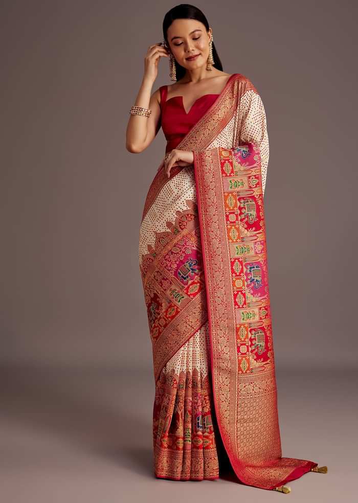 White And Red Silk Saree with Elephant Jamdani Print