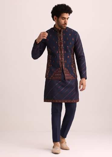 Blue And Red Silk Jacket Kurta Set With Thread Work