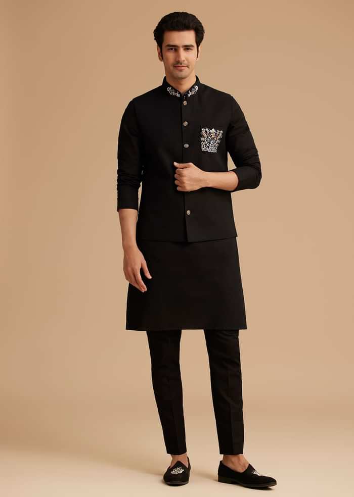 Black Cotton Kurta Jacket Set With Embroidered Pocket And Collar