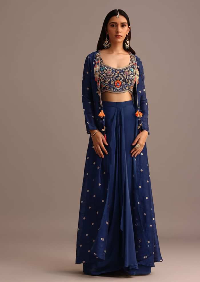 Blue Embroidered Croptop With Drape Skirt And Tussar Jacket