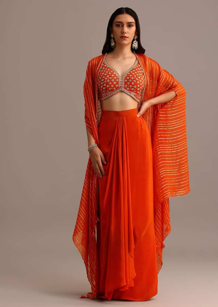 Orange Embroidered Croptop With Pleated Skirt And Chanderi Jacket