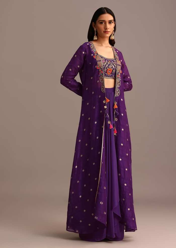 Purple Embroidered Croptop With Drape Skirt And Tussar Jacket