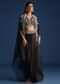 Black Organza Jacket With Embroidered Crop Top And Draped Skirt