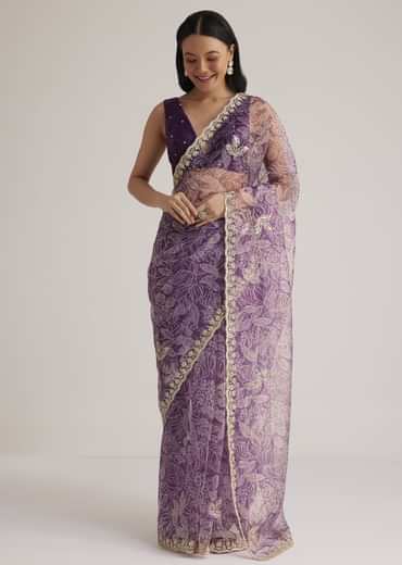 Purple Leafy Printed Organza Saree With Embroidered Scallop Border