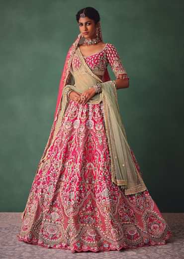Rose Pink Bridal Lehenga With Scoop Neckline Blouse And Hand Work Dupatta