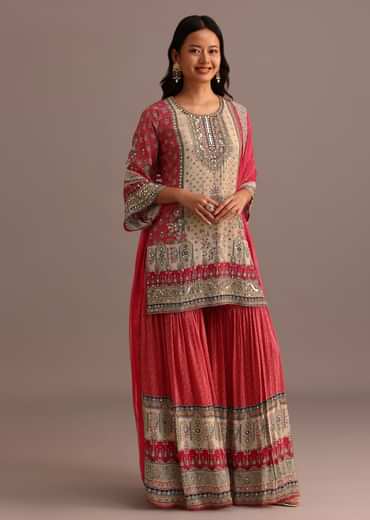 Pink Printed Kurti Sharara Suit With Chiffon Dupatta