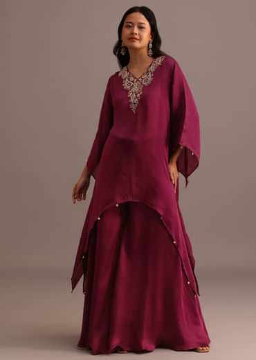 Wine Embroidered Kurta Palazzo Suit