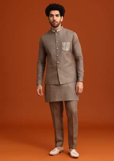 Grey Zardozi Work Linen Jacket Kurta Set