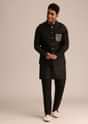 Black Linen Floral Resham Work Jacket Kurta Set