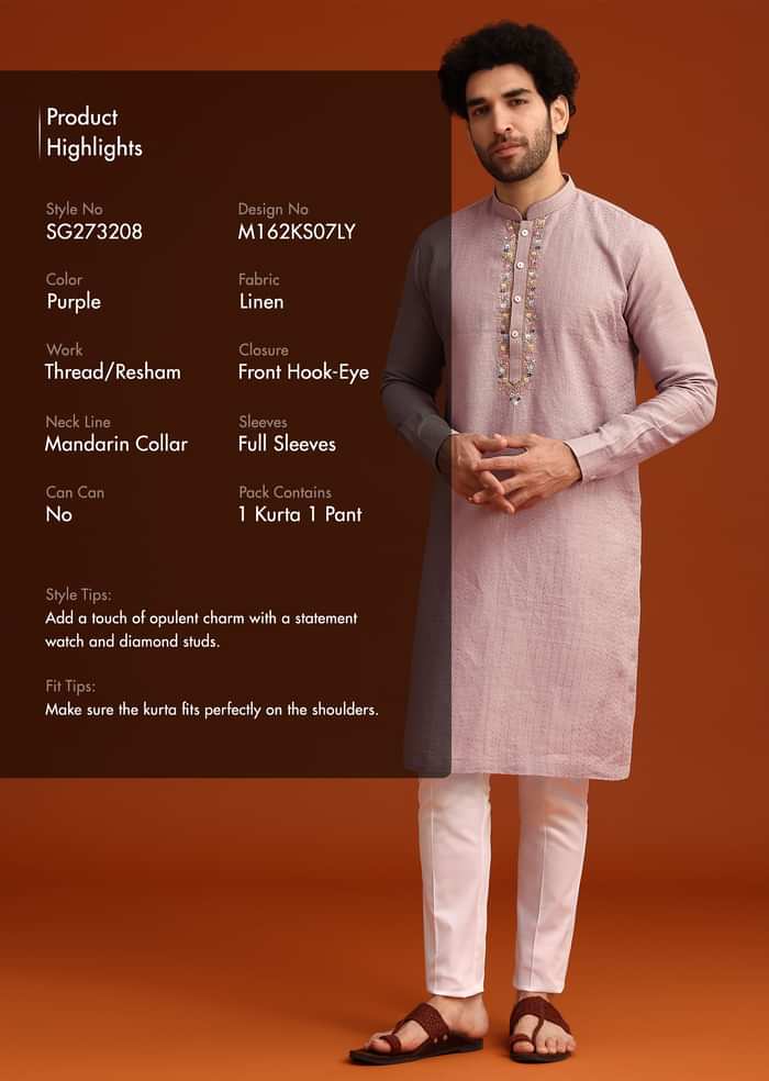 Purple Hand Embroidered Kurta And Pant Set In Linen