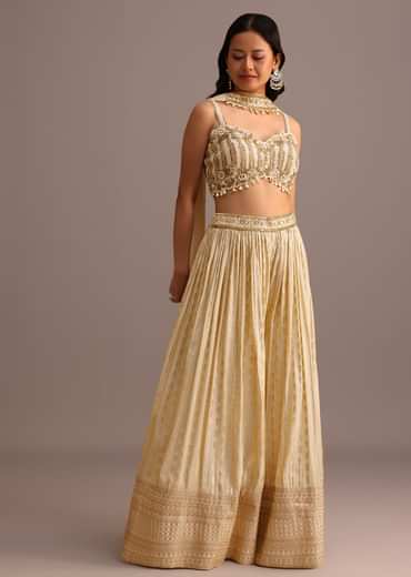 Off White Embroidered Croptop With Banarasi Weave Palazzo And Choker Dupatta