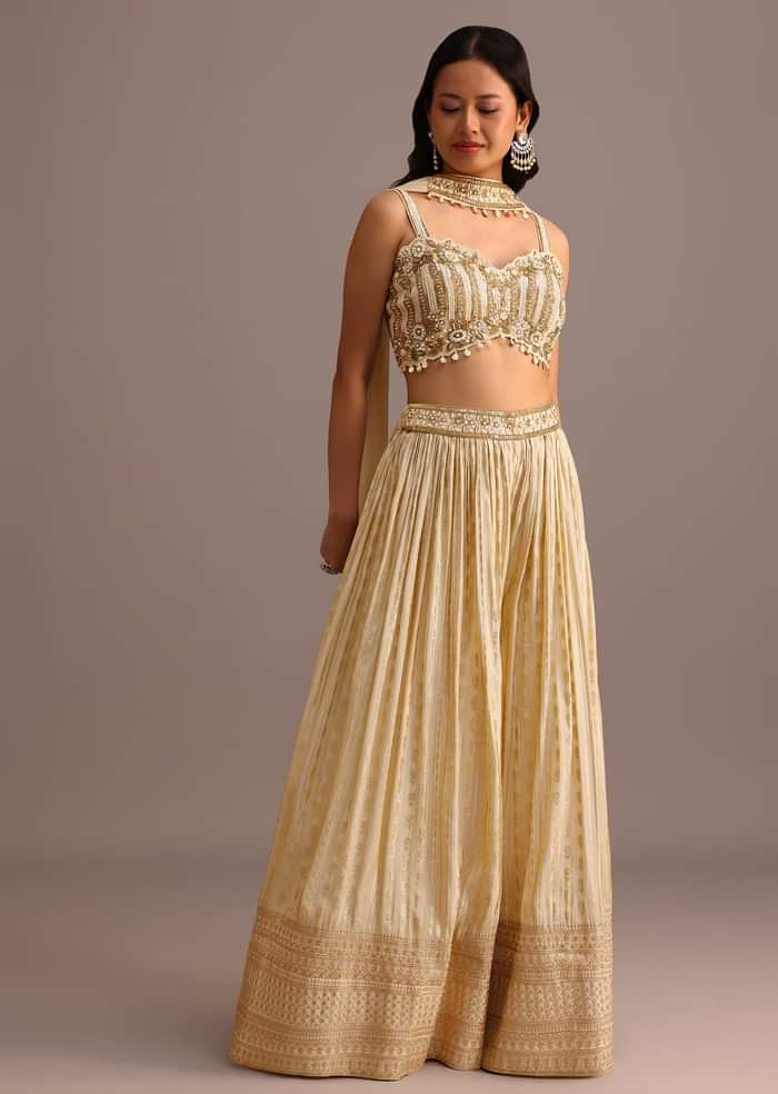 Off White Embroidered Croptop With Banarasi Weave Palazzo And Choker Dupatta