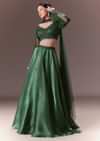 Bottle Green Organza Lehenga Set With Hand Work