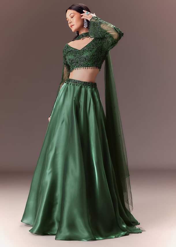 Bottle Green Organza Lehenga Set With Hand Work