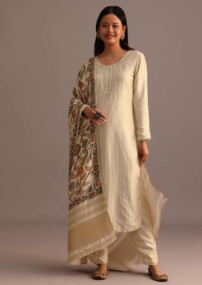 Beige Embroidered Kurti Pant Set With Kalamkari Printed Chanderi Dupatta