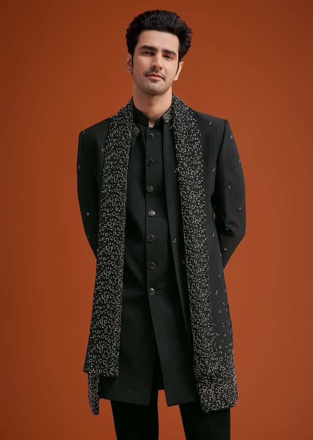 Navy Blue Open Indo Jacket Set With Sequin Butti And Embellished Stole Navy Blue Open Indo Jacket Set With Sequin Butti And Embellished Stole