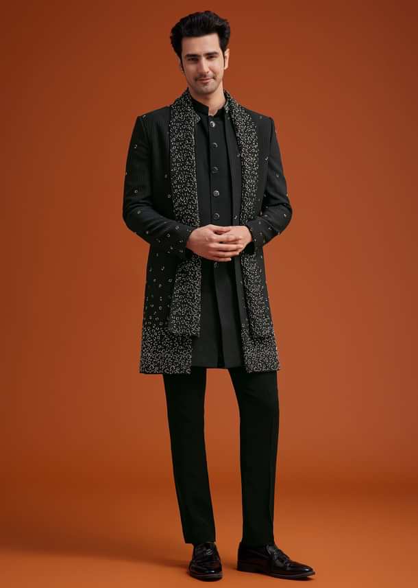 Navy Blue Open Indo Jacket Set With Sequin Butti And Embellished Stole Navy Blue Open Indo Jacket Set With Sequin Butti And Embellished Stole