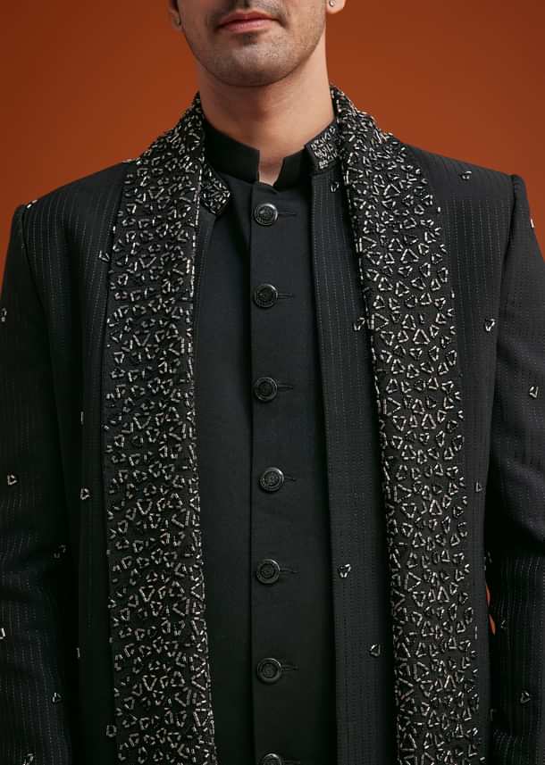 Navy Blue Open Indo Jacket Set With Sequin Butti And Embellished Stole Navy Blue Open Indo Jacket Set With Sequin Butti And Embellished Stole