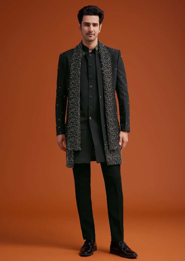 Navy Blue Open Indo Jacket Set With Sequin Butti And Embellished Stole Navy Blue Open Indo Jacket Set With Sequin Butti And Embellished Stole