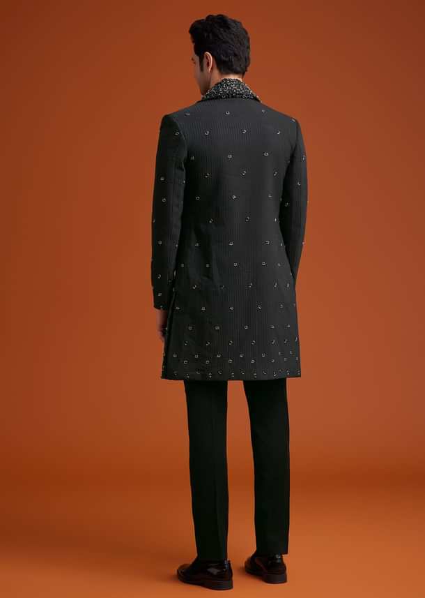 Navy Blue Open Indo Jacket Set With Sequin Butti And Embellished Stole Navy Blue Open Indo Jacket Set With Sequin Butti And Embellished Stole