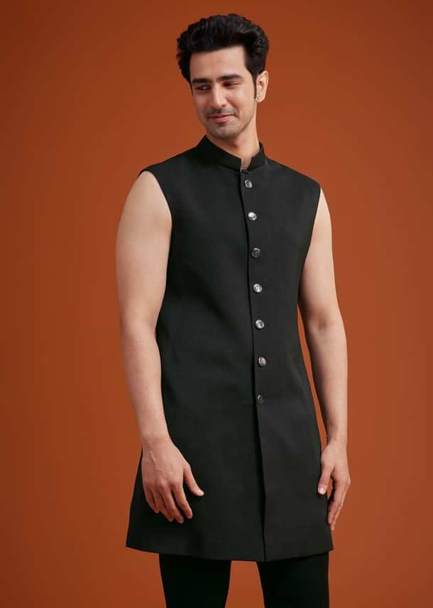 Navy Blue Open Indo Jacket Set With Sequin Butti And Embellished Stole Navy Blue Open Indo Jacket Set With Sequin Butti And Embellished Stole