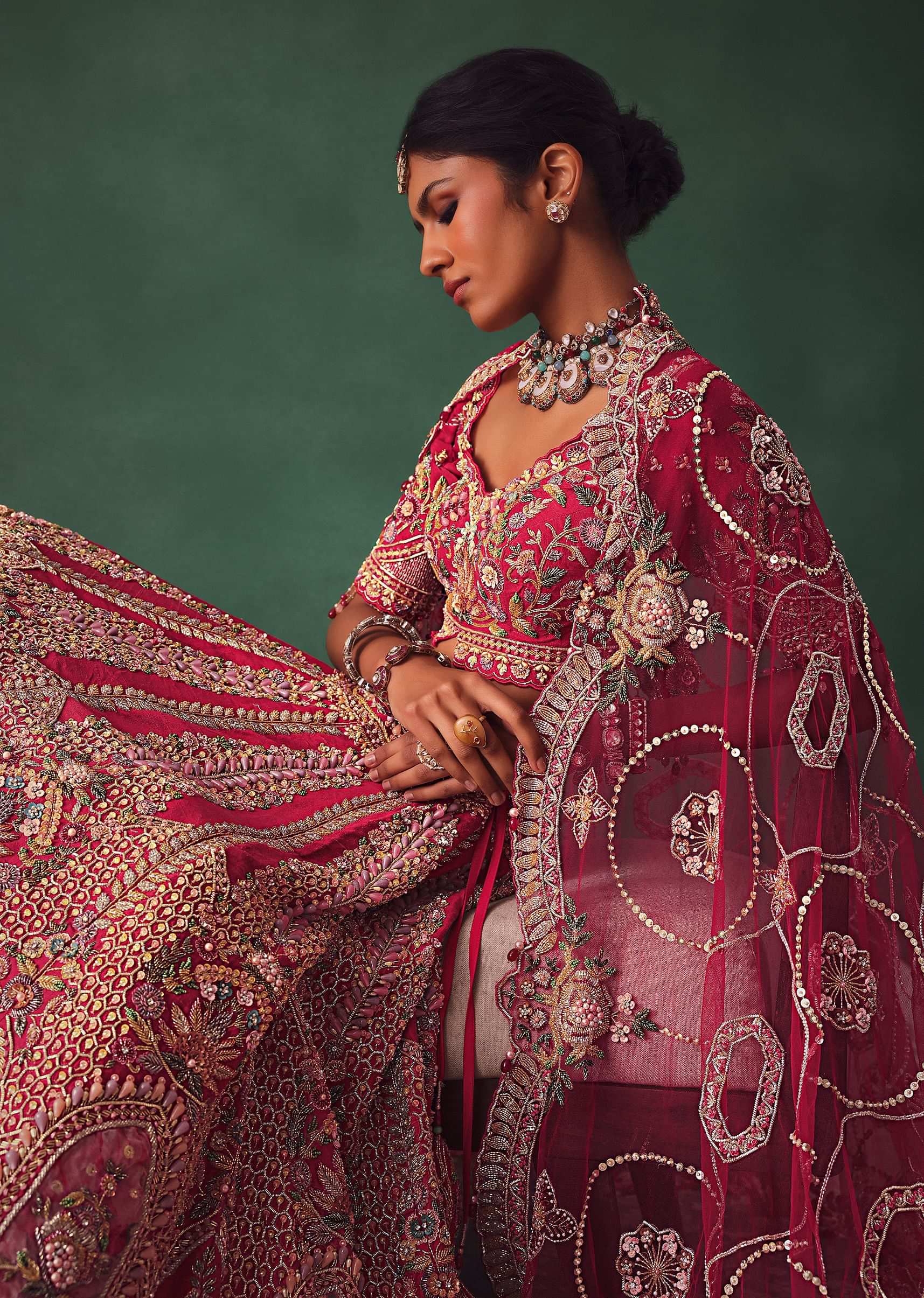 Raw Silk Red Bridal Lehenga With Embroidered Blouse And Scallop Dupatta