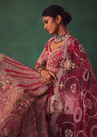 Raw Silk Red Bridal Lehenga With Embroidered Blouse And Scallop Dupatta