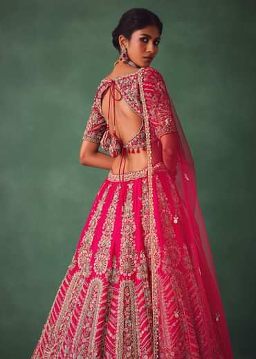Raw Silk Red Bridal Lehenga With Embroidered Blouse And Scallop Dupatta