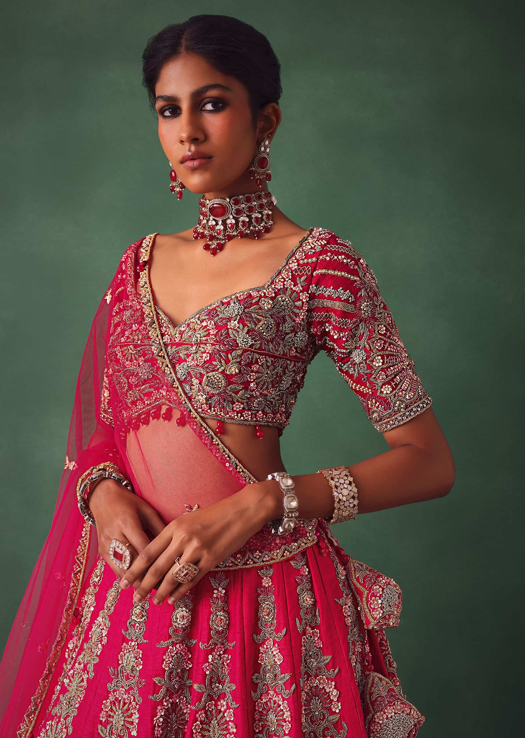 Raw Silk Red Bridal Lehenga With Embroidered Blouse And Scallop Dupatta