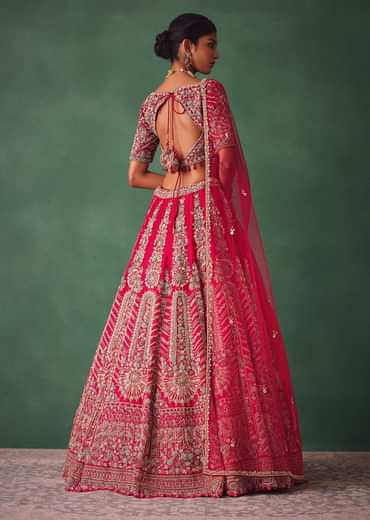 Raw Silk Red Bridal Lehenga With Embroidered Blouse And Scallop Dupatta