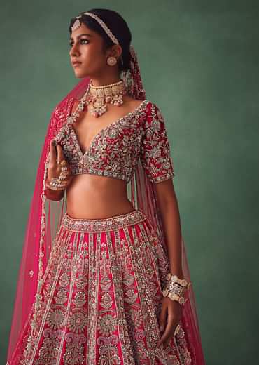 Raw Silk Red Bridal Lehenga With Scallop Dupatta