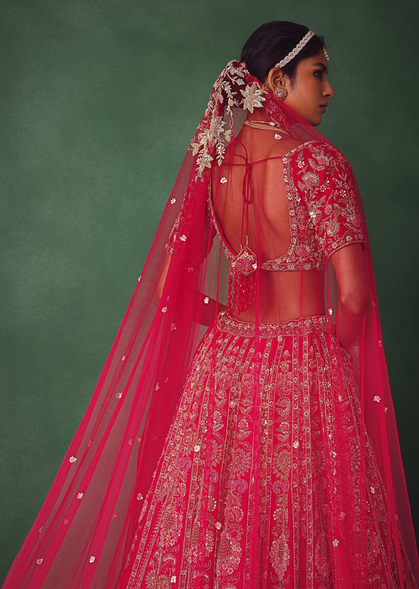 Raw Silk Red Bridal Lehenga With Scallop Dupatta