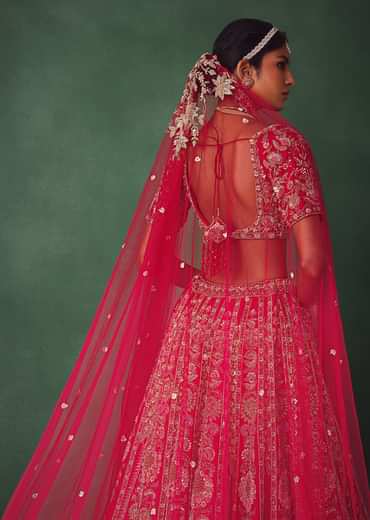Raw Silk Red Bridal Lehenga With Scallop Dupatta