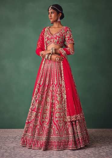 Red Bridal Lehenga With Zardosi And Cutdana Work