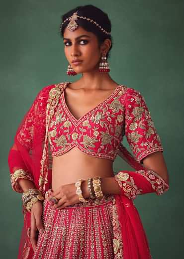 Red Bridal Lehenga With Zardosi And Cutdana Work