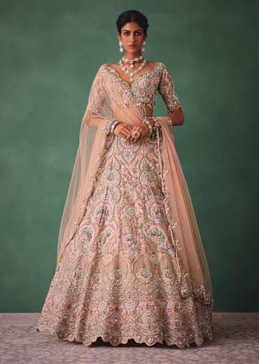 Baby Pink Jaal Work Lehenga With Sweetheart Neck Blouse And Embroidered Dupatta