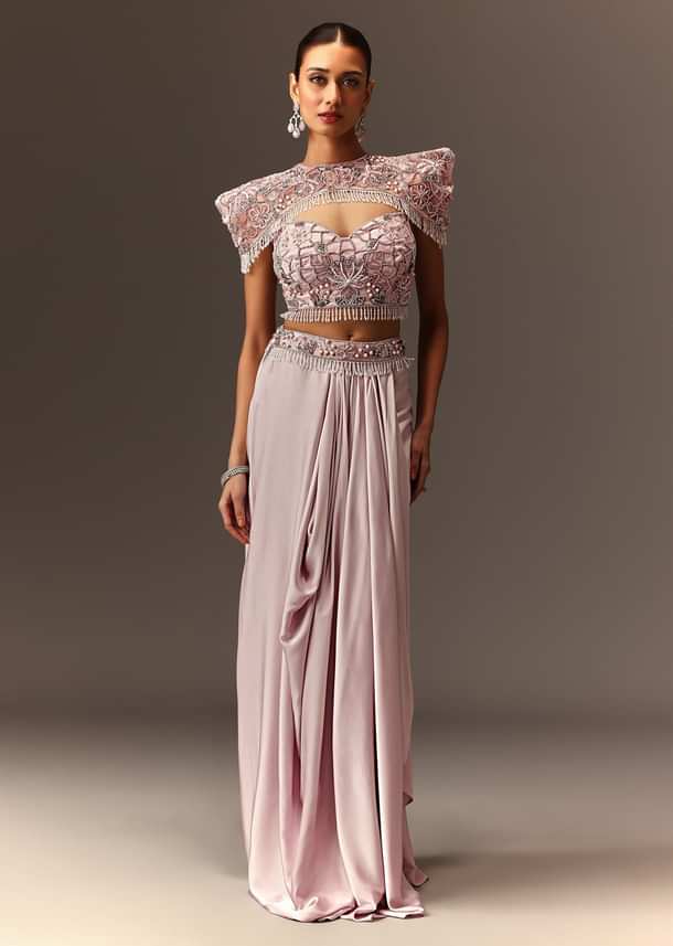 Lavender Hand Embroidered Blouse And Croped Cape With Drape Skirt