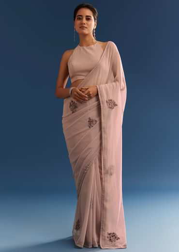 Grey Georgette Floral Resham Embroidered Saree