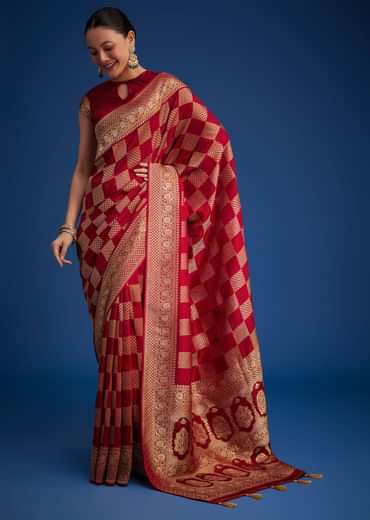 Red Dola Silk Saree With Zari Checkered Design And Woven Border