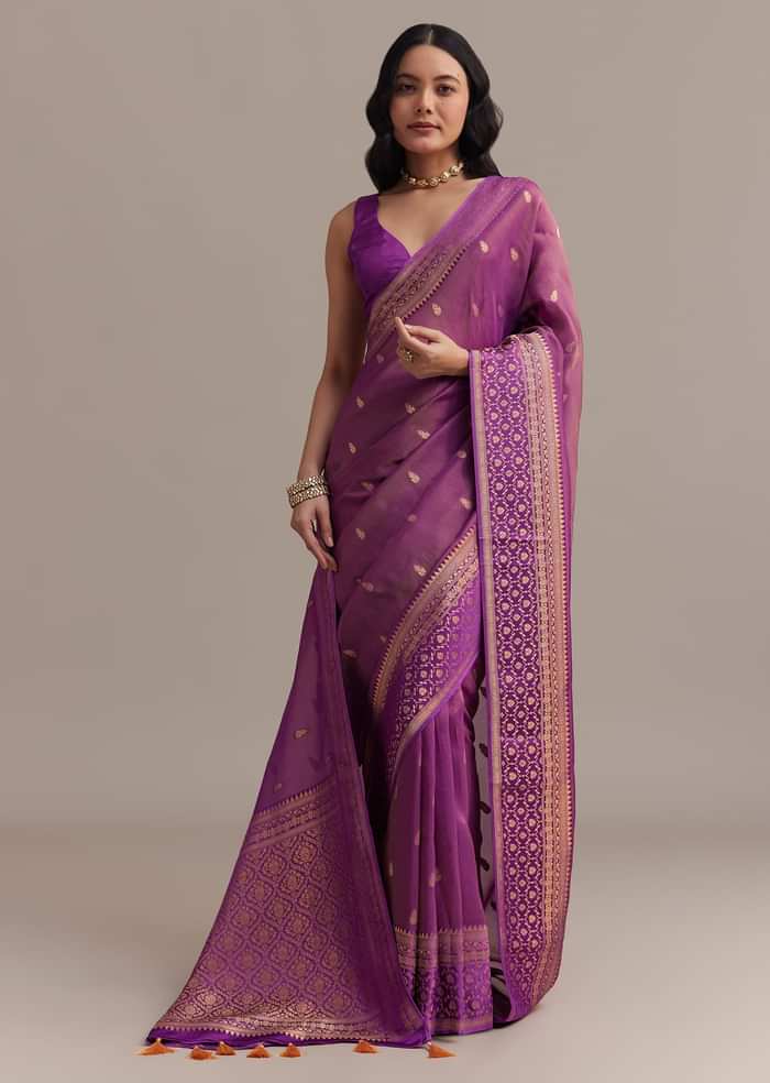 Purple Tissue Silk Saree With Butti Work And Chanderi Zari Woven Border
