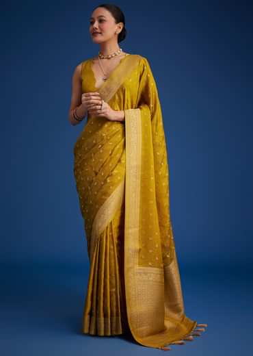 Mustard Yellow Dola Silk Saree With Woven Patterns