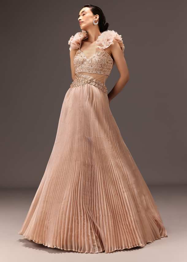 Powder Pink Ruffle Gown In Organza