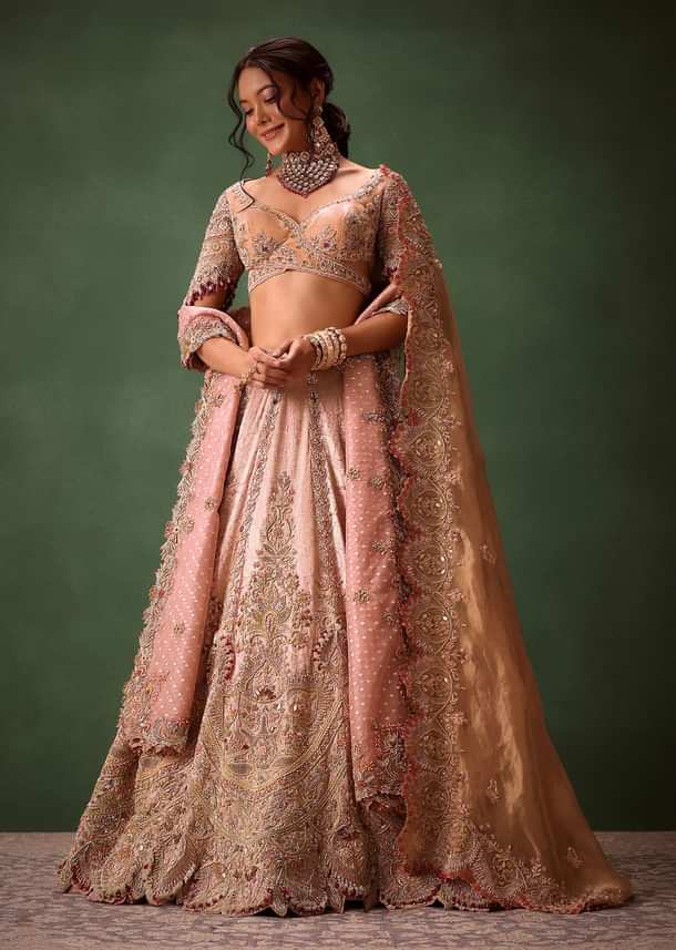 Pink Brocade Velvet Lehenga Choli With Two Scallop Dupattas