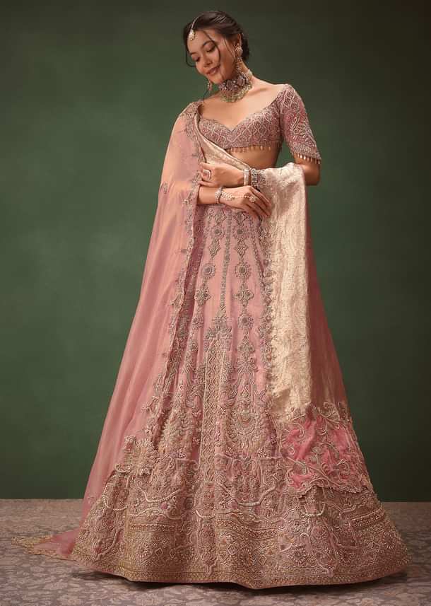 Pink Chanderi Silk Heavy Embroidered Lehenga Set