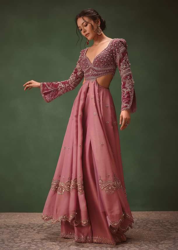 Mauve Embroidered Anarkali Suit With Flared Palazzo Pant