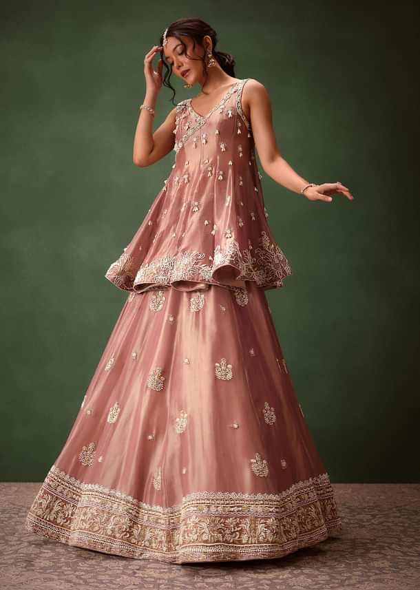 Purple Angrakha Style Embroidered Kurta With Lehenga