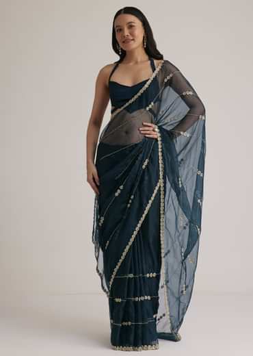 Peacock Blue Organza Saree With Cutdana Embroidery