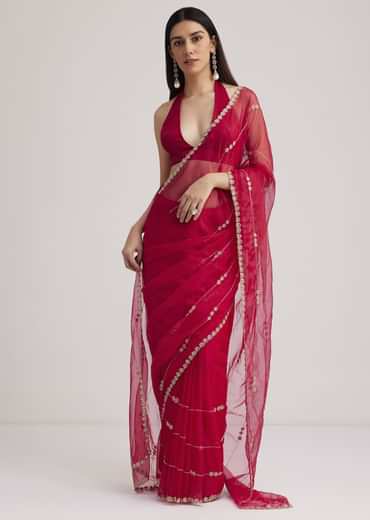 Rani Pink Organza Saree With Overall Cutdana Work