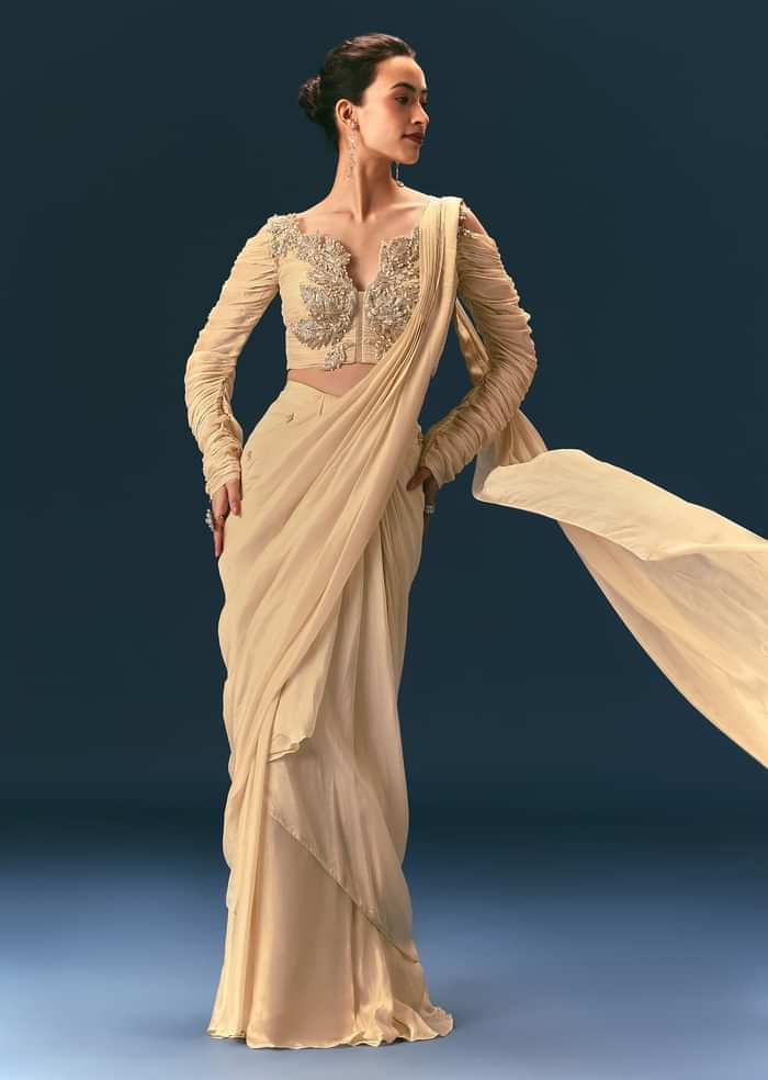 Champagne Peach Embroidered Readymade Saree With 3D Applique Blouse