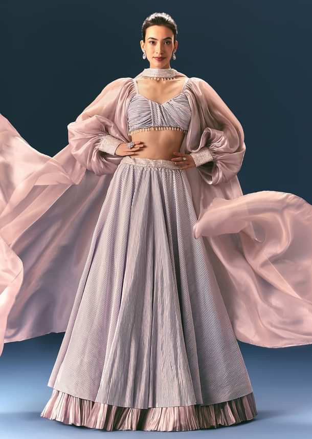 Purple Pre-Pleated Lehenga And Blouse Set With Choker Dupatta